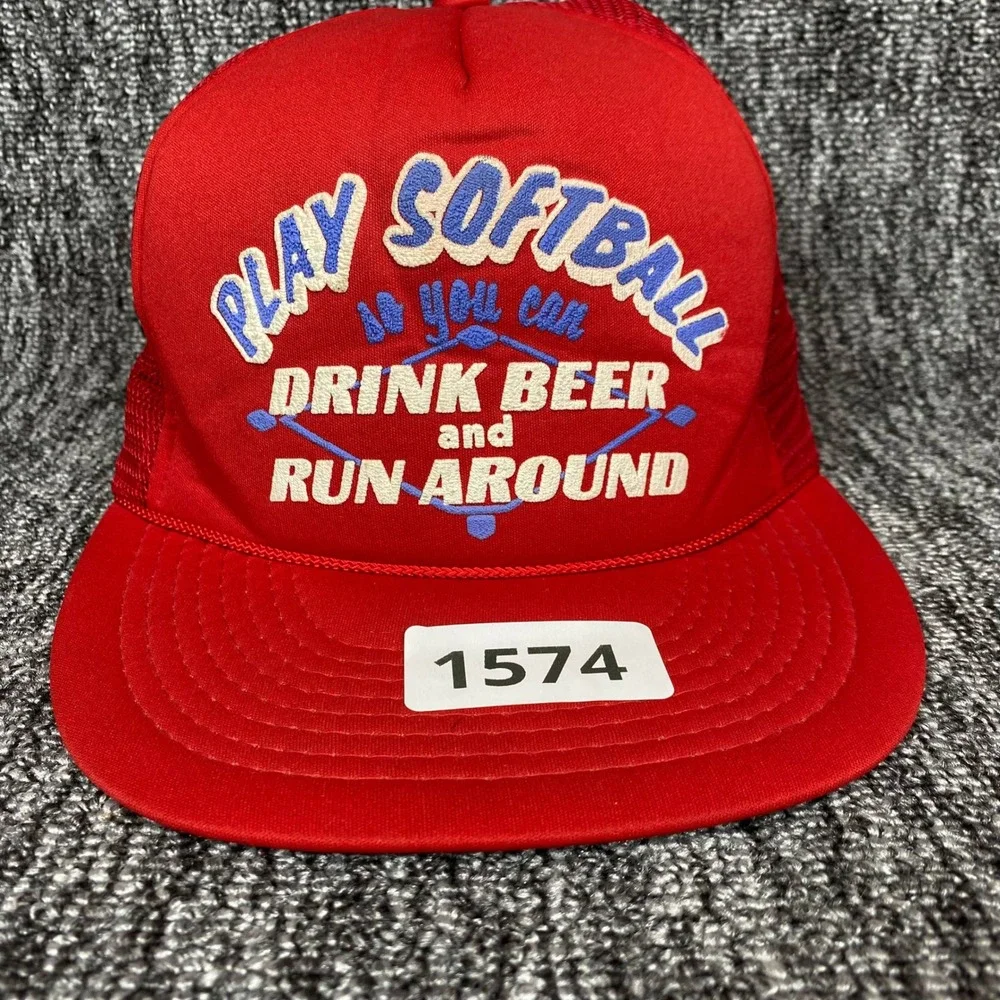 Unbranded Play‎ Softball Drink Beer Run Around Men Red Mesh Snapback Trucker Hat